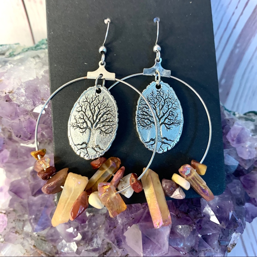 Tree of Life Mookaite and Peach Quartz Chip Crystal Silver Hoop Earrings